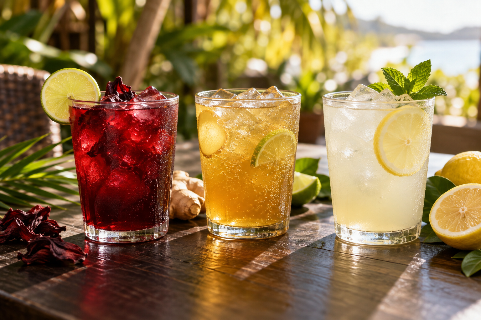Caribbean-inspired sorrel, ginger beer and lemonade with ice and citrus
