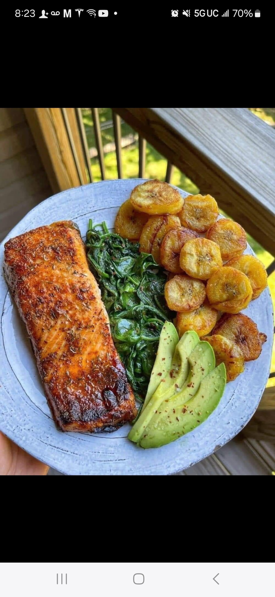 Salmon with plantain, greens and avocado